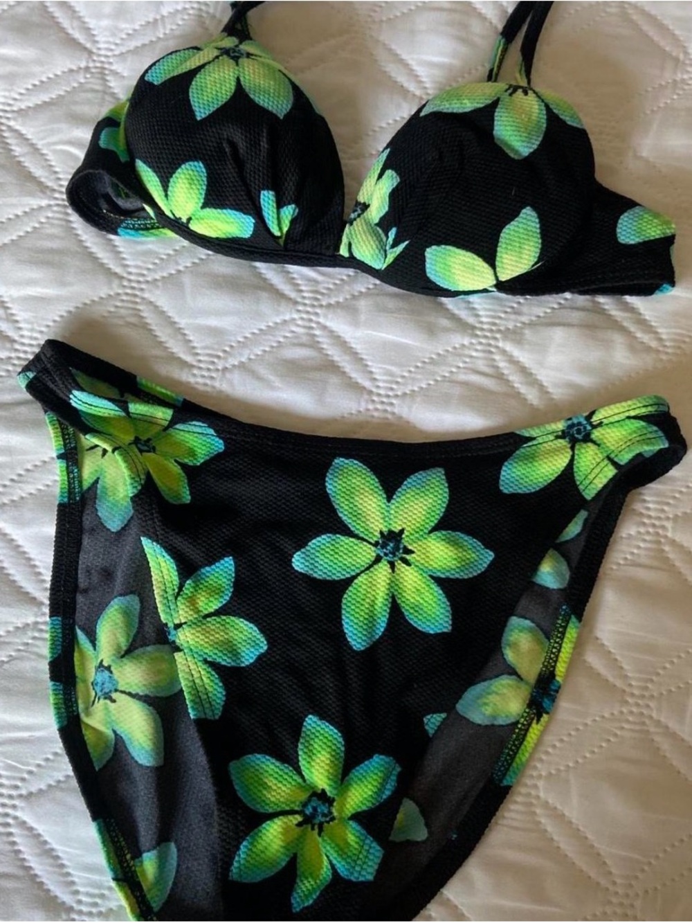 Black Bikini Set with Neon Green Floral Print